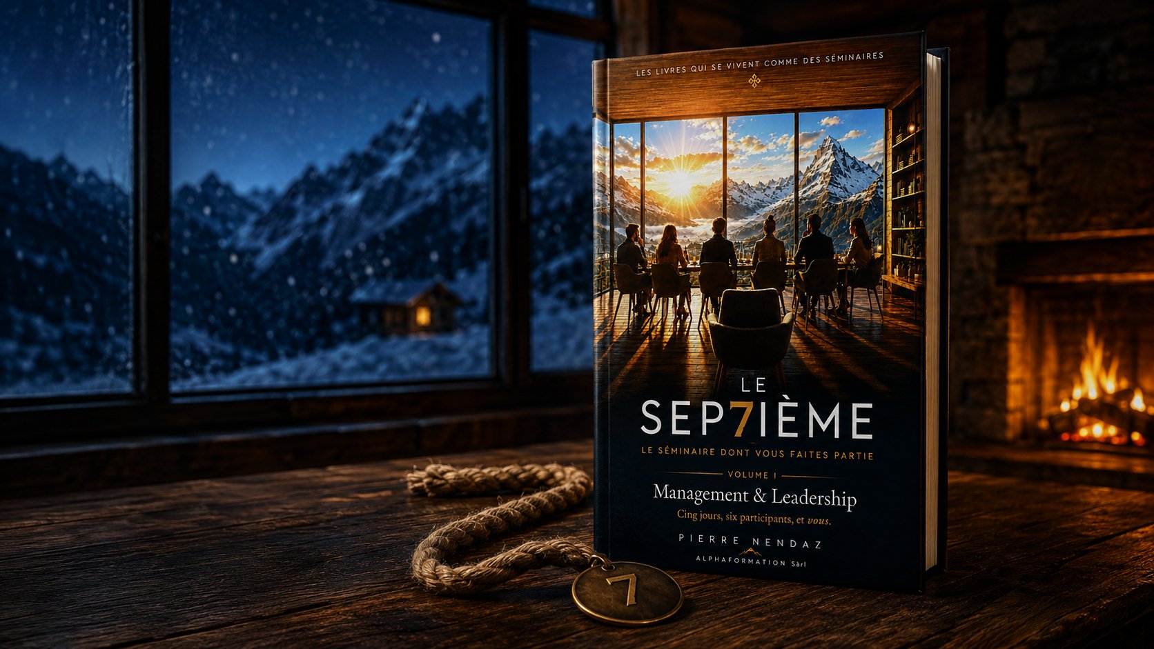 LE SEP7IÈME, volume I Management & Leadership, posé au coin du feu — cliquer pour voir le dos du livre